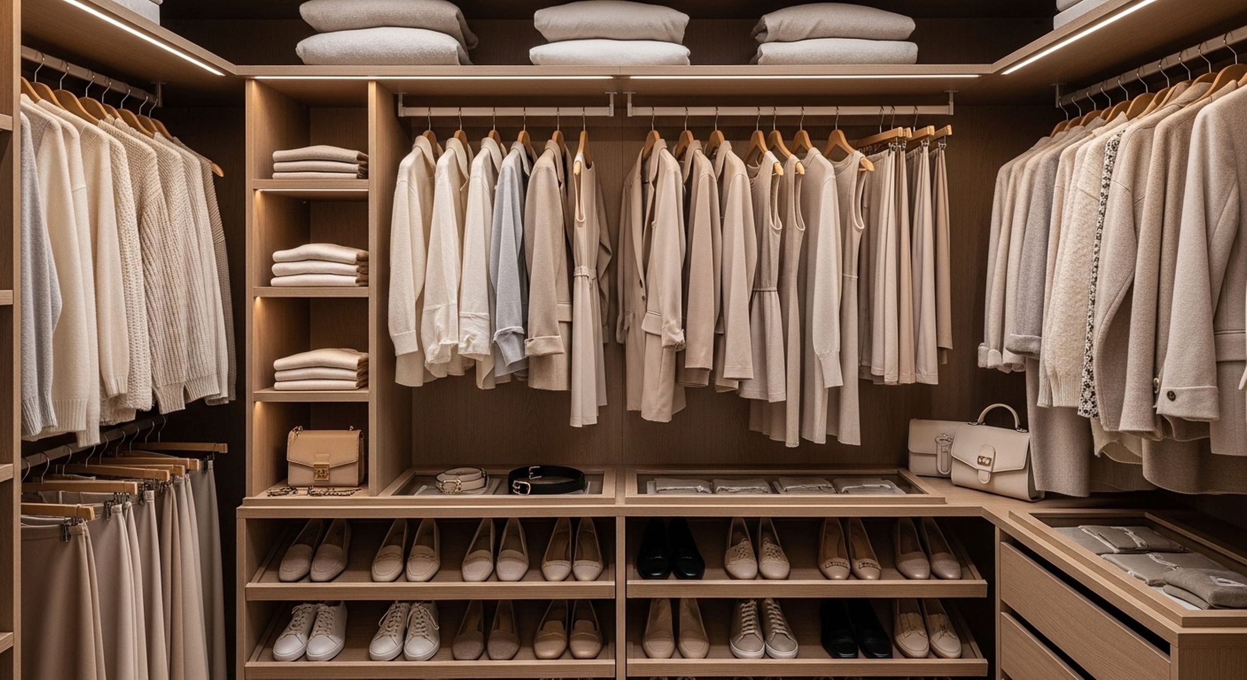 Light wood walk-in closet with hanging clothes and shoe shelves
