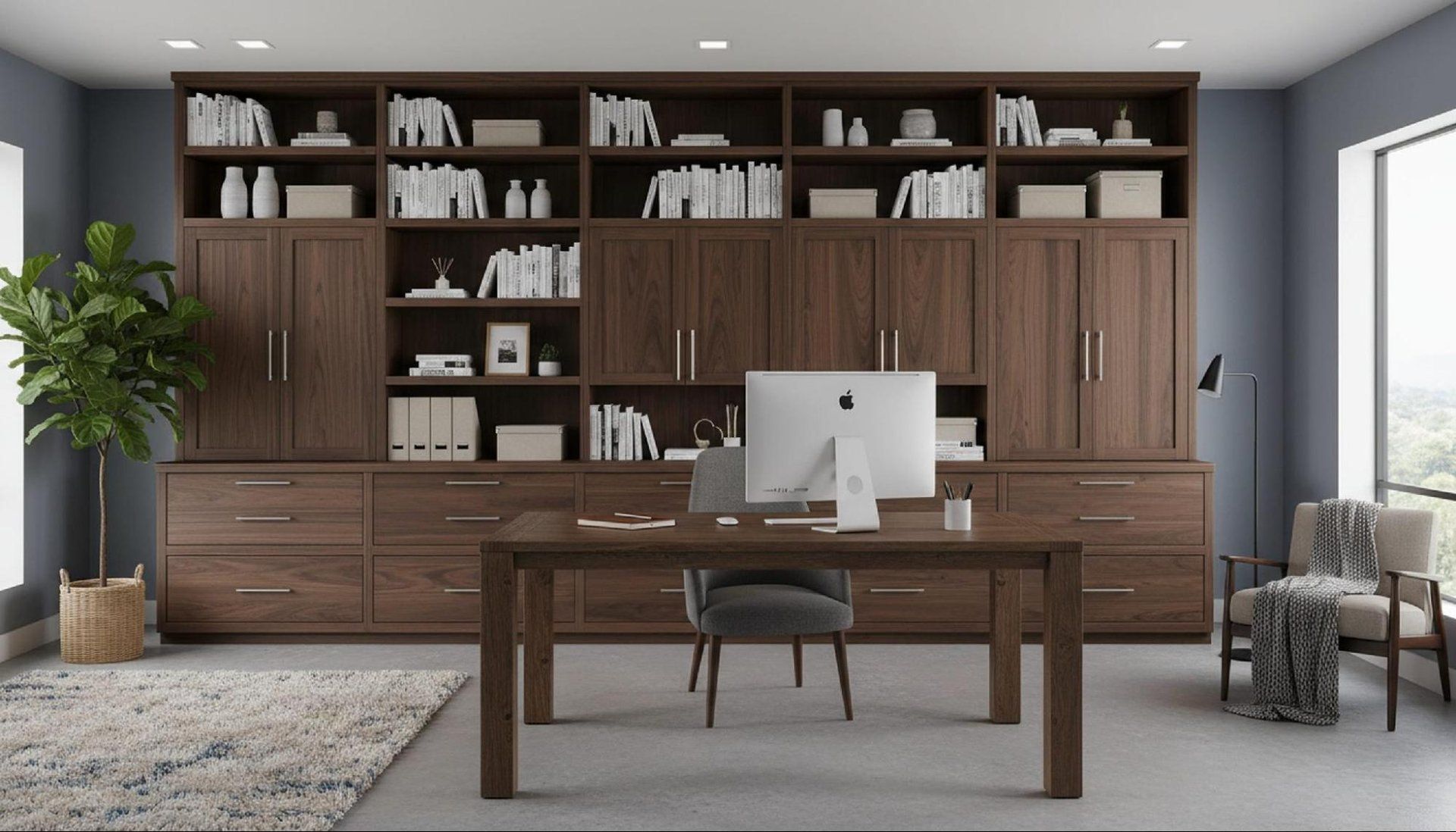 Home office with a wall of walnut built-in cabinets and bookshelves behind a wood desk
