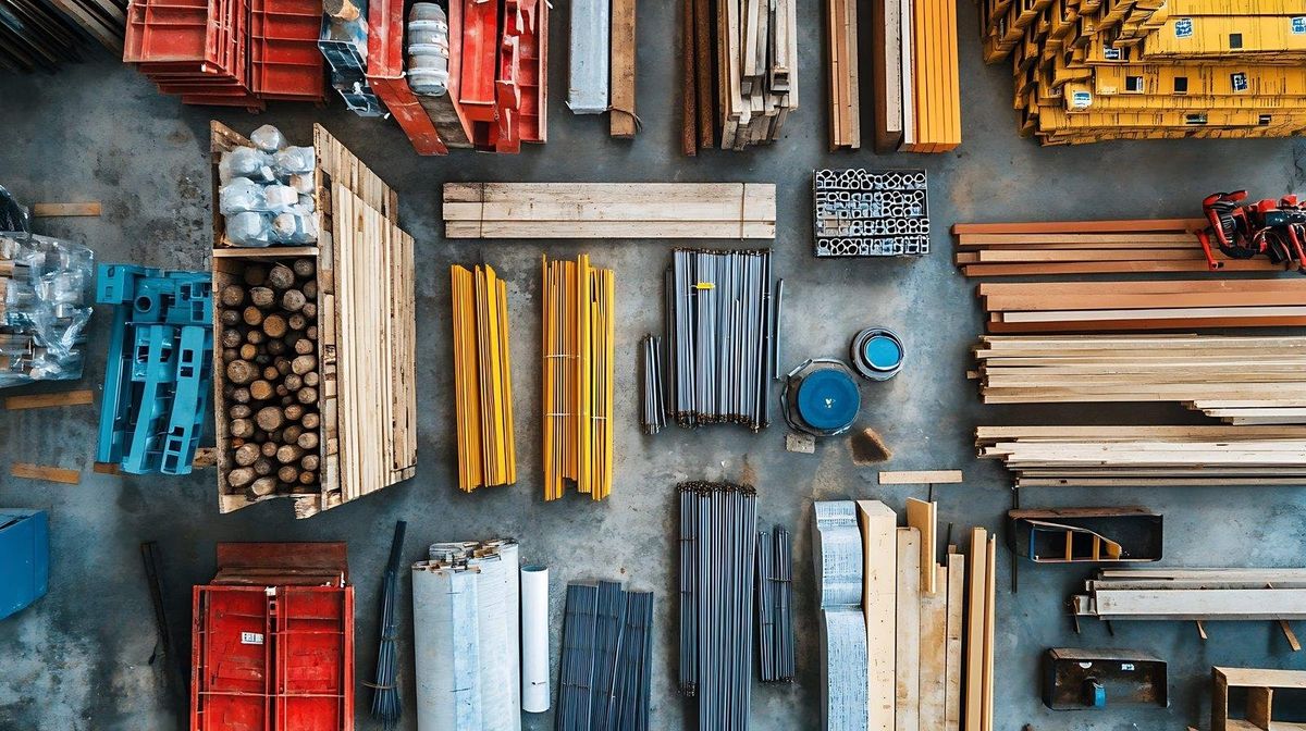 Reclaimed lumber, tile, and building supplies sorted on a warehouse floor, ready to donate before December 31