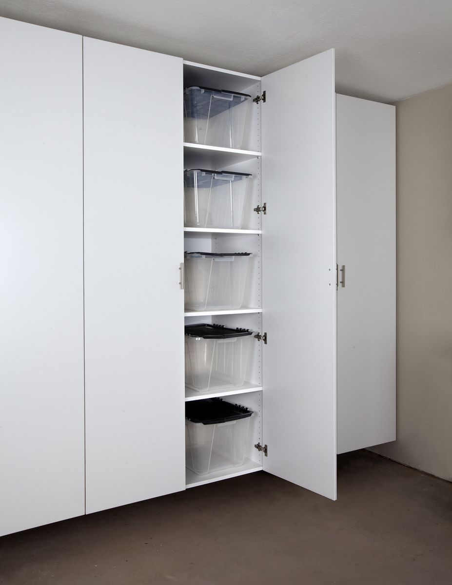 White Tall Cabinet Door Open with Storage Bins.jpg