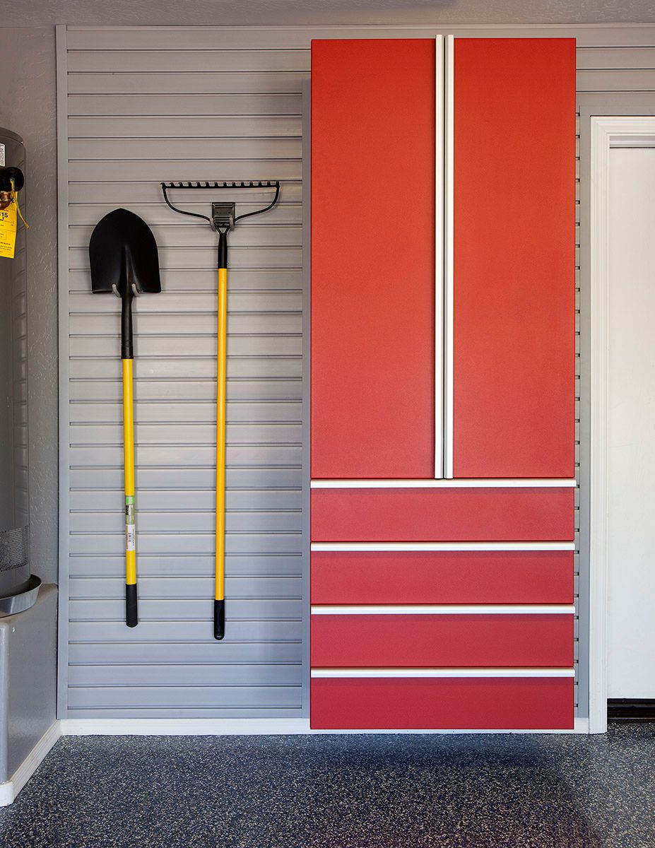 Red Cabinet Drawers Shovel Rake on Grey Slatwall Aug 2013.jpg