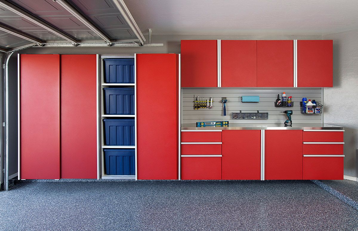 Red Sliding Cabinets Open Stainless Workbench Grey Slatwall Aug 2013.jpg