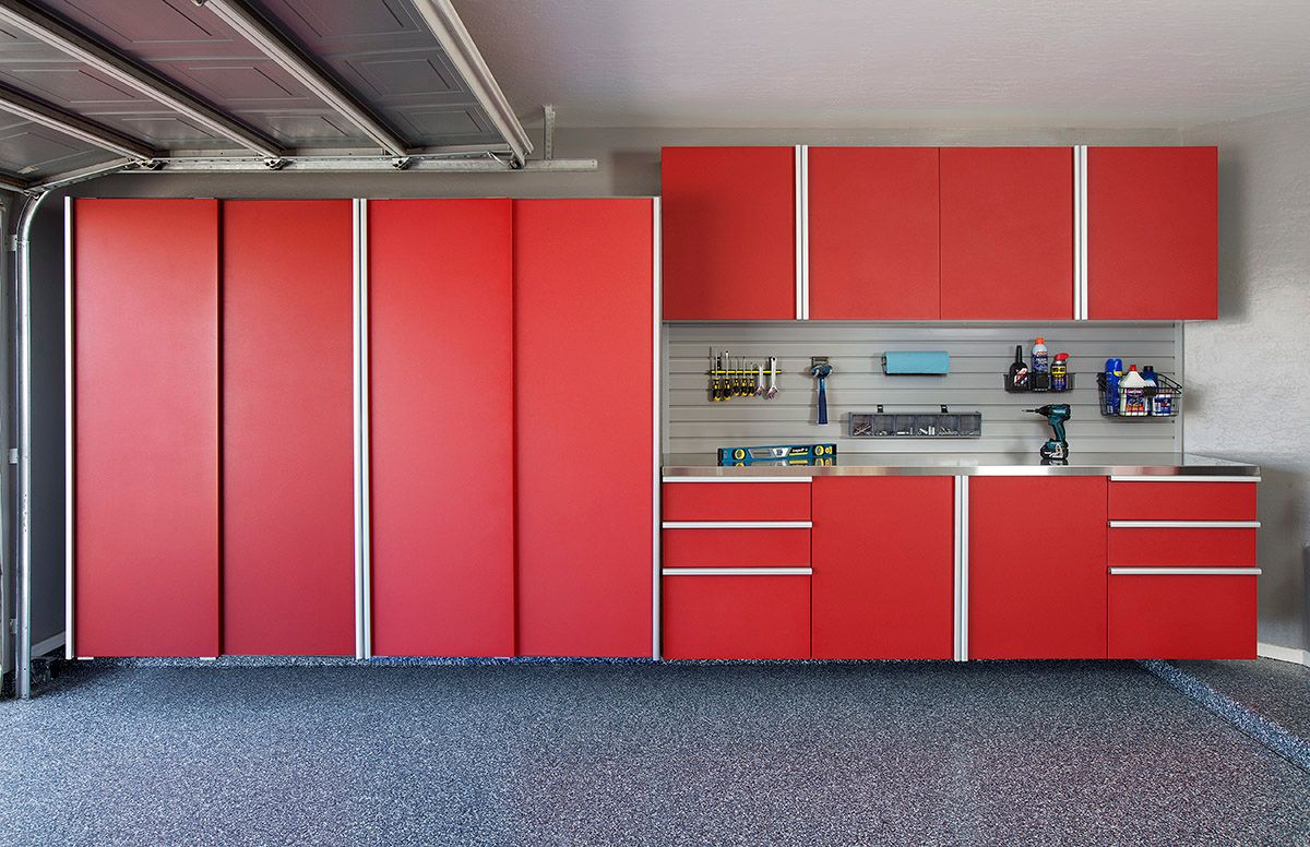 Red Sliding Cabinets Stainless Workbench Grey Slatwall Aug 2013.jpg