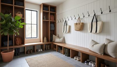 Mudroom with wood cubbies, a bench, and wall hooks