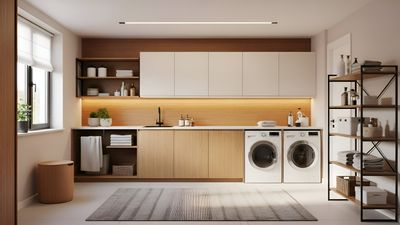 Laundry room with light wood cabinets and open shelves