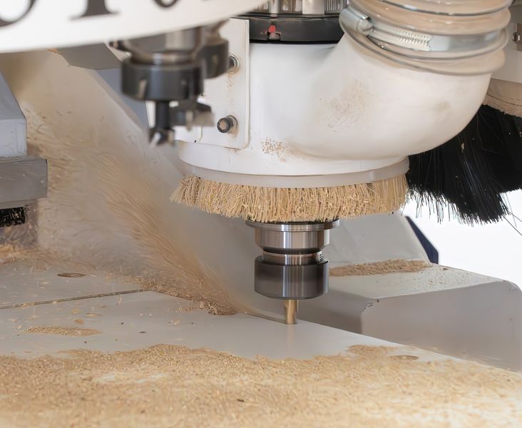 CNC router in Omaha cutting panel material, showing the spindle, brush housing, and sawdust during the machining process. CNC Machining, Omaha