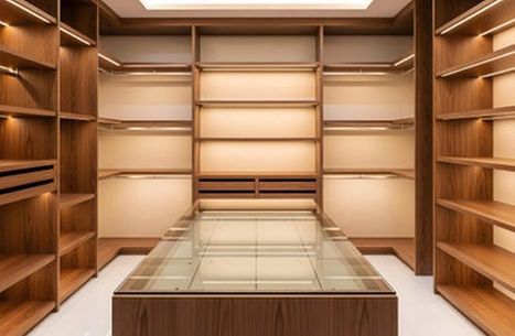 Walk-in closet with walnut shelving, warm LED lighting, and a glass-top center island