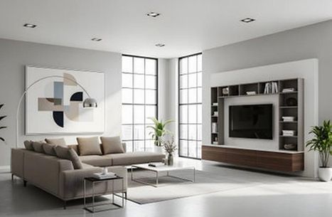 Bright family room with a wall-mounted built-in entertainment center, open shelving, and a gray sectional