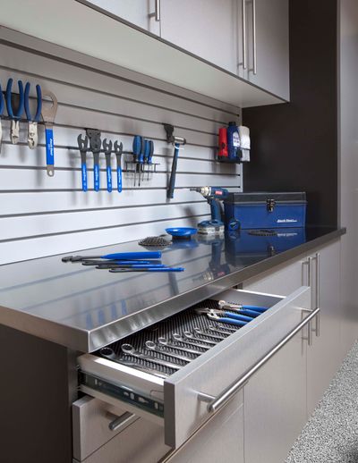 Silver-Cabinets-Stainless-Workbench-Drawer-Open-Gray-Slatwall-Feb-2013.jpg