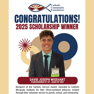 2025 Catholic Service Award winner card for a St. Joan of Arc parishioner