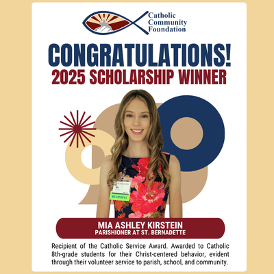2025 Catholic Service Award winner card for a St. Bernadette parishioner