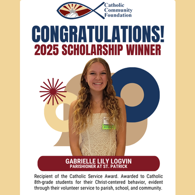 2025 Catholic Service Award winner card for a St. Patrick parishioner