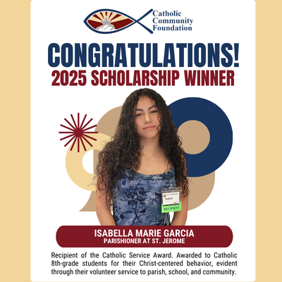 2025 Catholic Service Award winner card for a St. Jerome parishioner