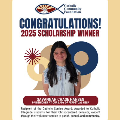 2025 Catholic Service Award winner card for a Our Lady of Perpetual Help parishioner
