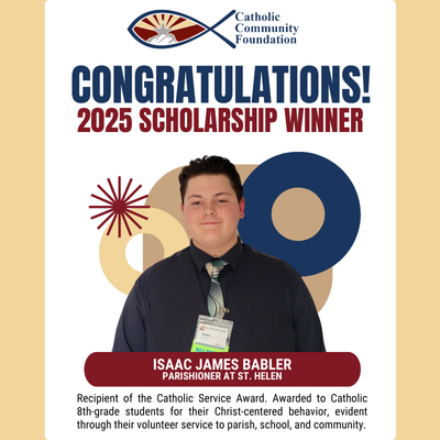 2025 Catholic Service Award winner card for a St. Helen parishioner