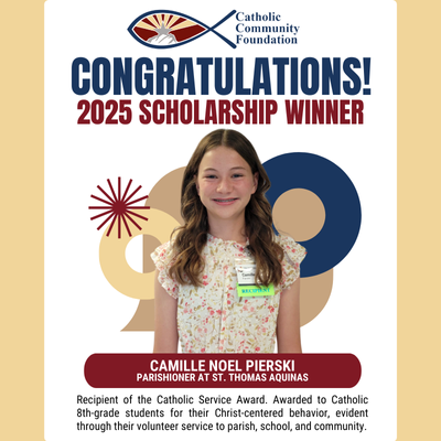 2025 Catholic Service Award winner card for a St. Thomas Aquinas parishioner