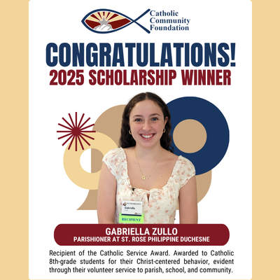 2025 Catholic Service Award winner card for a St. Rose Philippine Duchesne parishioner