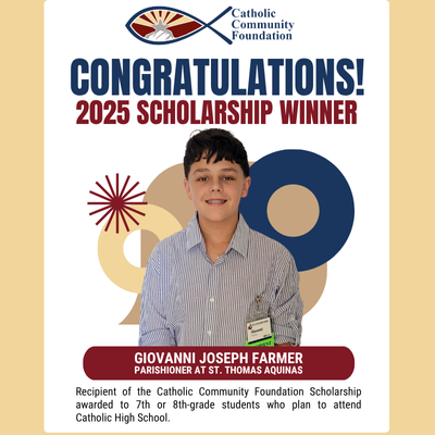 2025 CCF Scholarship winner card for a St. Thomas Aquinas parishioner