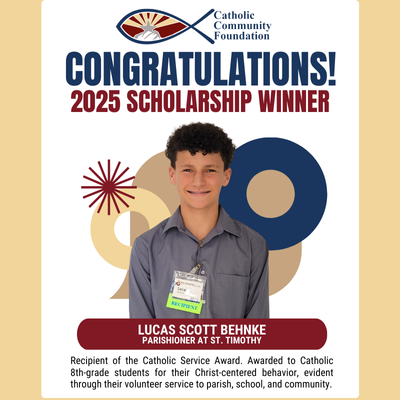 2025 Catholic Service Award winner card for a St. Timothy parishioner