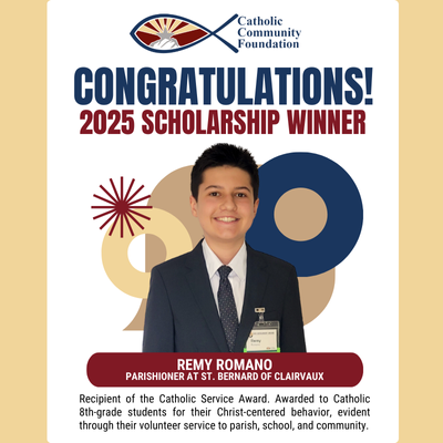 2025 CCF Scholarship winner card for a St. Bernard of Clairvaux parishioner