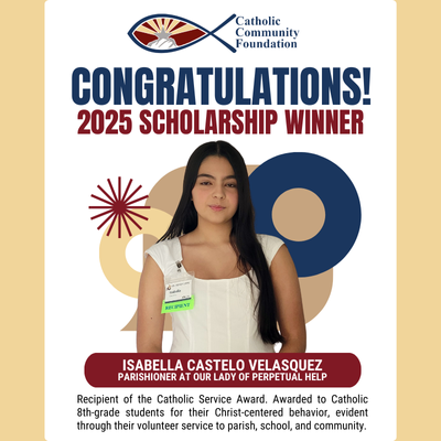 2025 Catholic Service Award winner card for a Our Lady of Perpetual Help parishioner