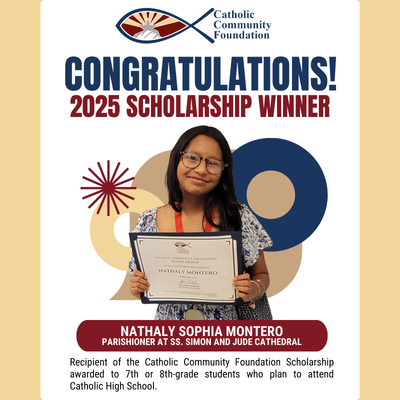 2025 CCF Scholarship winner card for a Sts. Simon and Jude parishioner