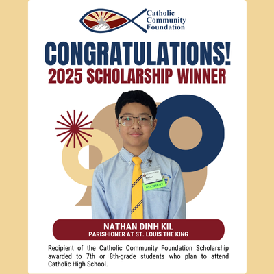 2025 CCF Scholarship winner card for a St. Louis the King parishioner
