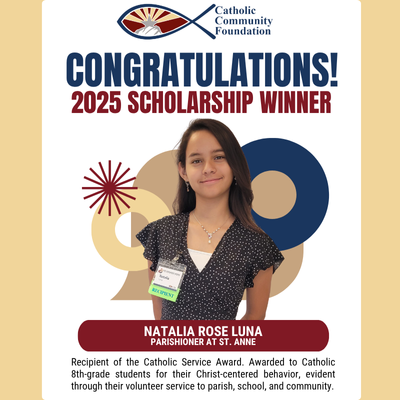 2025 Catholic Service Award winner card for a St. Anne parishioner