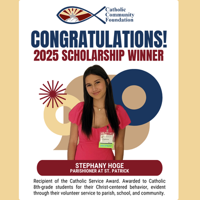 2025 Catholic Service Award winner card for a St. Patrick parishioner