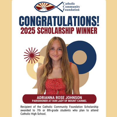 2025 CCF Scholarship winner card for a Our Lady of Mount Carmel parishioner
