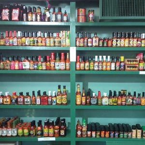 BBQ sauces on a wall at Brooksies BBQ store